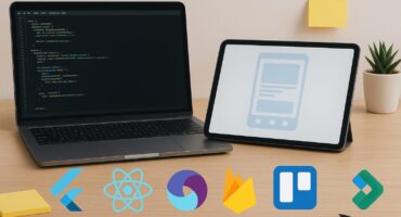 A modern workspace featuring a laptop with code, a smartphone showing a mobile app interface, a tablet with a design prototype, and icons of Flutter, React Native, Firebase, Appium, Trello, and Fastlane, set in a clean, creative studio with soft lighting and sticky notes.
