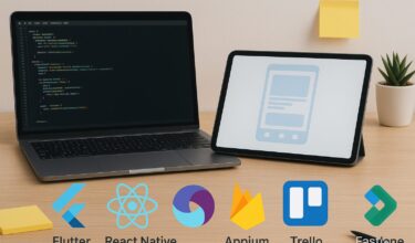A modern workspace featuring a laptop with code, a smartphone showing a mobile app interface, a tablet with a design prototype, and icons of Flutter, React Native, Firebase, Appium, Trello, and Fastlane, set in a clean, creative studio with soft lighting and sticky notes.