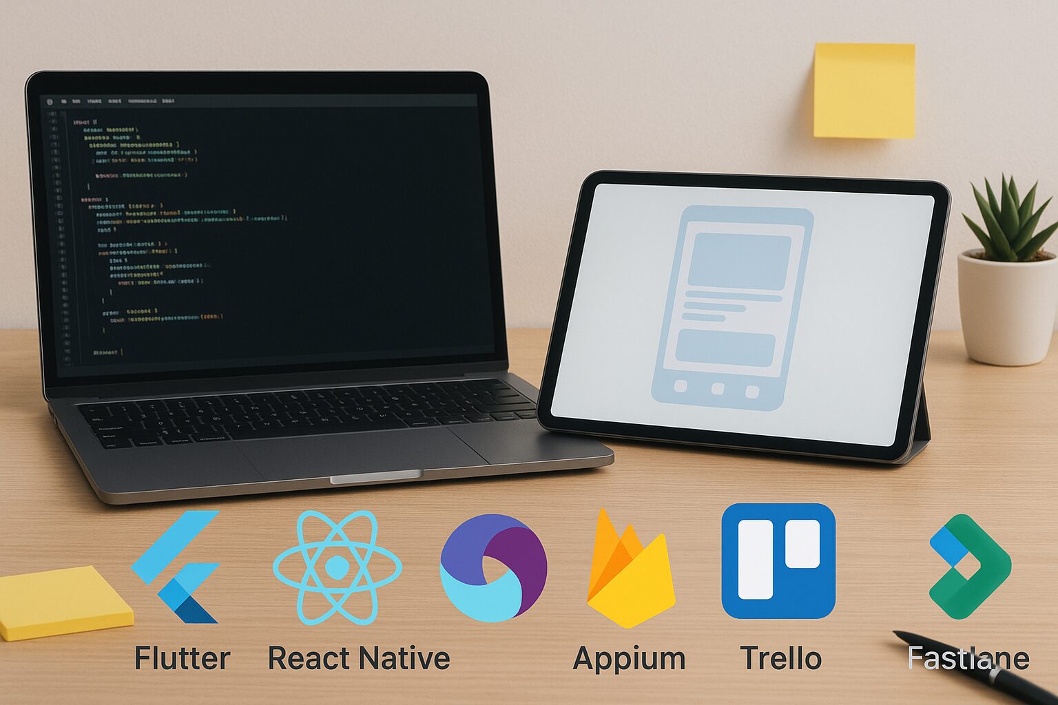 A modern workspace featuring a laptop with code, a smartphone showing a mobile app interface, a tablet with a design prototype, and icons of Flutter, React Native, Firebase, Appium, Trello, and Fastlane, set in a clean, creative studio with soft lighting and sticky notes.