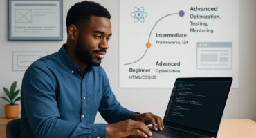 A focused Black male frontend developer working on a laptop in a modern office, with a career path chart behind him showing stages from Beginner (HTML/CSS/JS) to Advanced (Optimization, Testing, Mentoring), symbolizing the progression in frontend development skills.