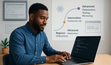 A focused Black male frontend developer working on a laptop in a modern office, with a career path chart behind him showing stages from Beginner (HTML/CSS/JS) to Advanced (Optimization, Testing, Mentoring), symbolizing the progression in frontend development skills.