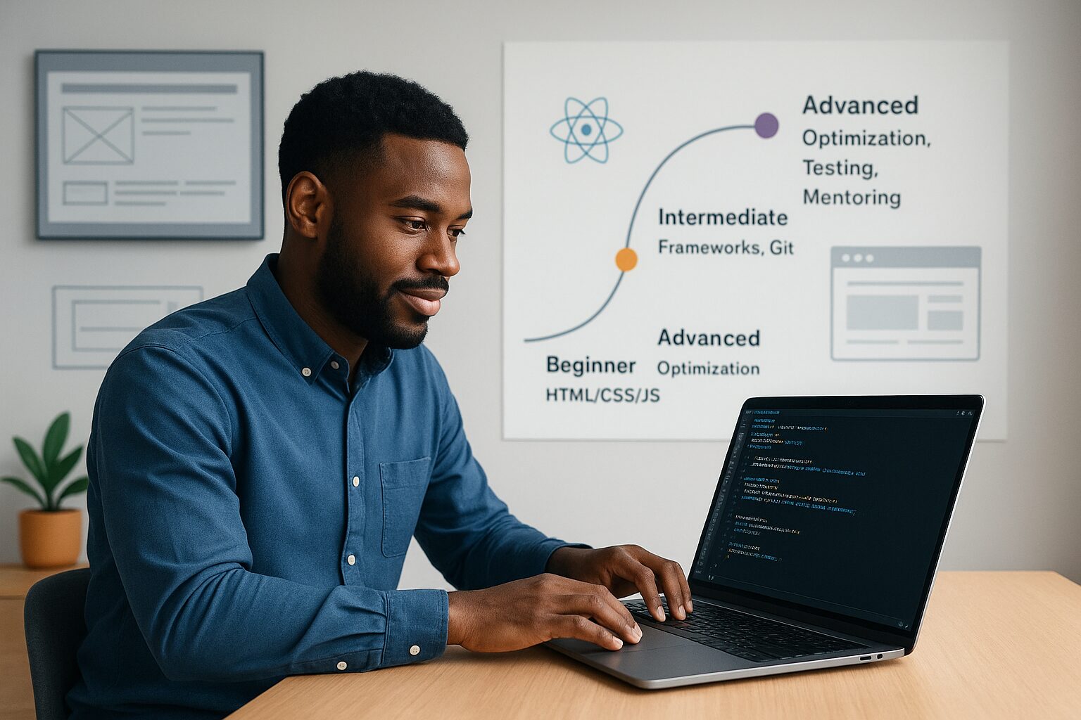 A focused Black male frontend developer working on a laptop in a modern office, with a career path chart behind him showing stages from Beginner (HTML/CSS/JS) to Advanced (Optimization, Testing, Mentoring), symbolizing the progression in frontend development skills.