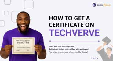Happy man holding a certificate of completion with the text "How to get a certificate on TechVerve" beside him.