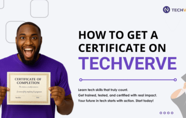 Happy man holding a certificate of completion with the text "How to get a certificate on TechVerve" beside him.