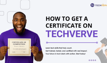 Happy man holding a certificate of completion with the text "How to get a certificate on TechVerve" beside him.