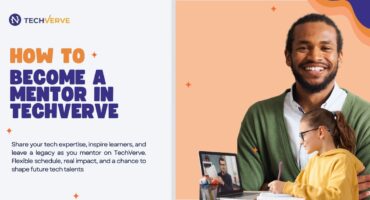Promotional flyer showing a confident Black man and a young student in an online session, highlighting how to become a mentor in Techverve.