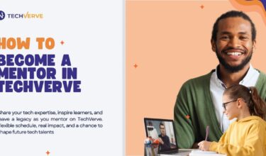 Promotional flyer showing a confident Black man and a young student in an online session, highlighting how to become a mentor in Techverve.
