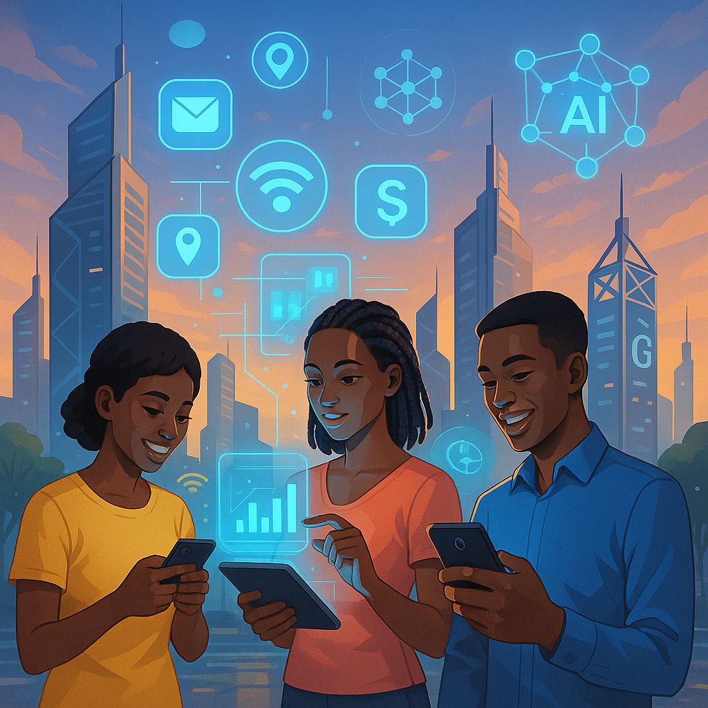 Illustration of young Nigerians using smartphones and tablets in a modern city with tech icons and 5G towers, showing the future of mobile app development in Nigeria.