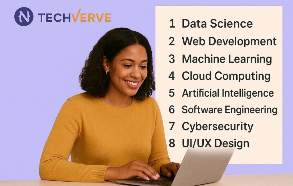 Black woman smiling while using a laptop, with a visible list of tech courses offered at TechVerve, including data science and cybersecurity. 