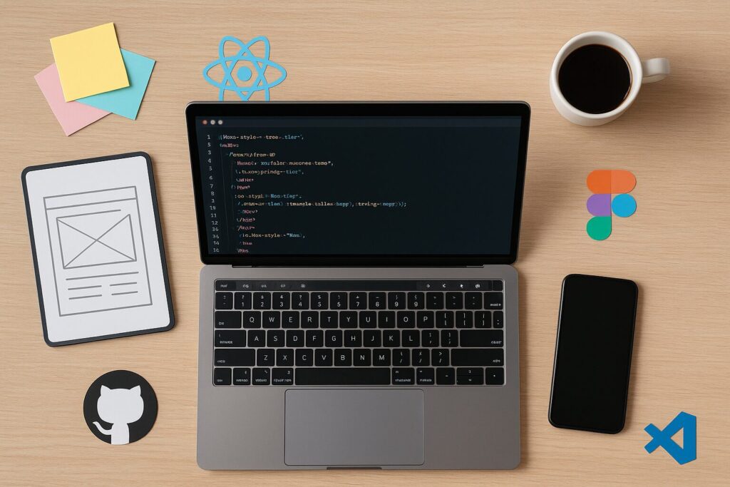 A flat-lay photo of a frontend developer's workspace featuring a laptop displaying HTML and CSS code, a tablet with wireframe sketches, sticky notes, a coffee mug, a smartphone, and logos of React, Figma, GitHub, and VS Code arranged on a wooden desk.