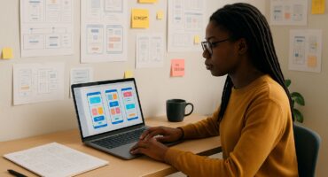 A Black woman UI/UX designer working at a cozy desk with a laptop displaying colorful mobile wireframe designs, surrounded by sticky notes, sketches, and mood boards pinned on the wall.