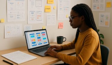A Black woman UI/UX designer working at a cozy desk with a laptop displaying colorful mobile wireframe designs, surrounded by sticky notes, sketches, and mood boards pinned on the wall.