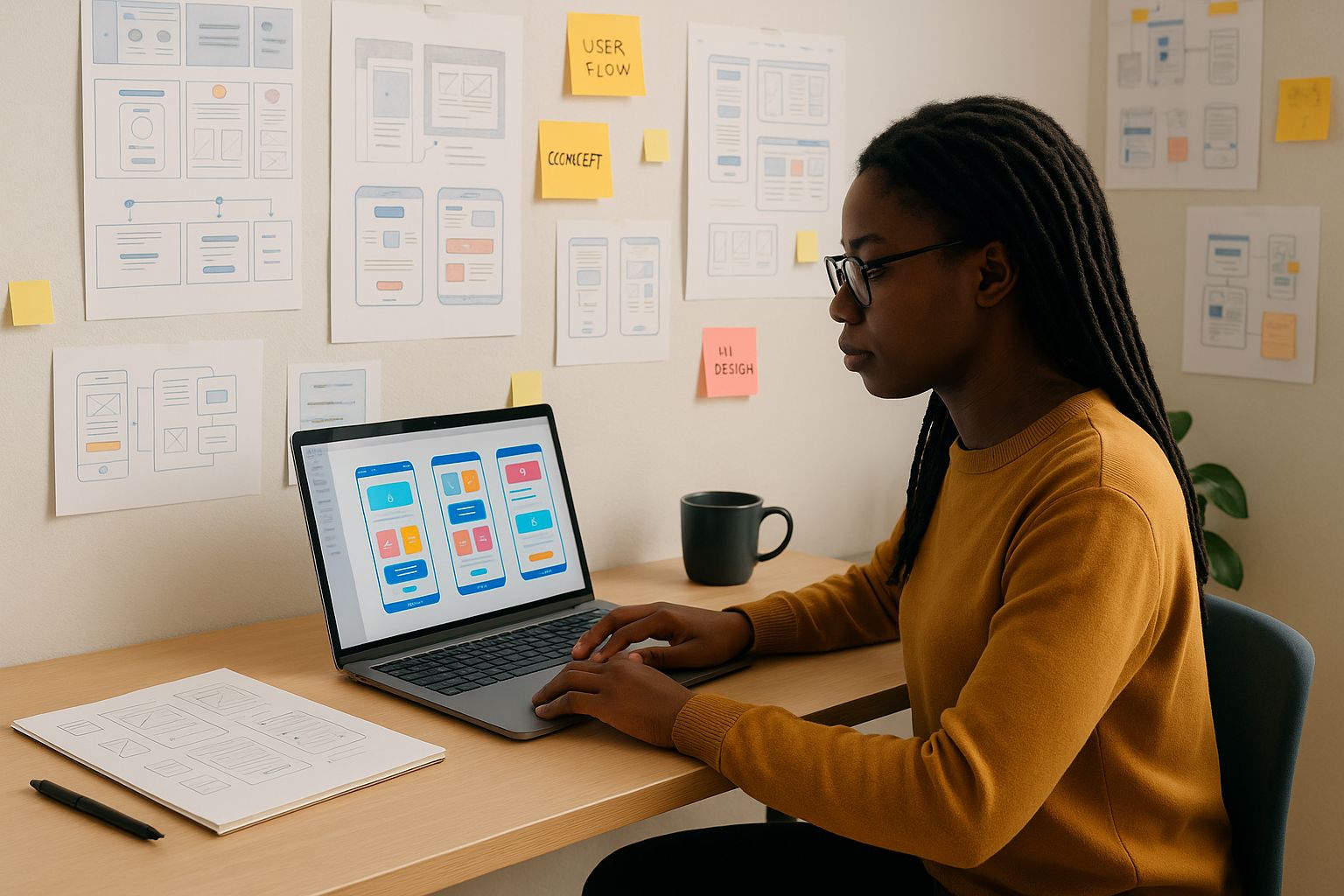 A Black woman UI/UX designer working at a cozy desk with a laptop displaying colorful mobile wireframe designs, surrounded by sticky notes, sketches, and mood boards pinned on the wall.