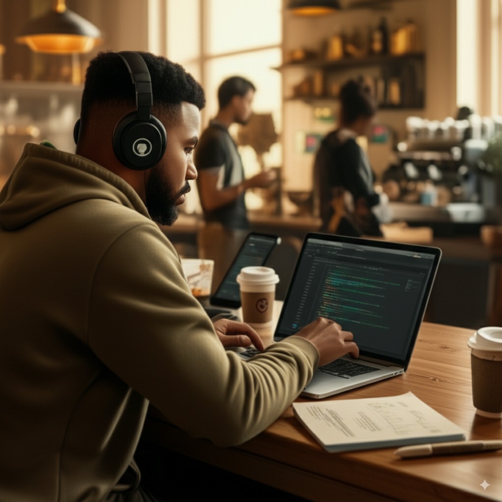 A focused Black male backend developer wearing headphones works on his laptop in a cozy café, with backend code displayed on the screen. He’s surrounded by coffee cups, notes, and tech gadgets, while other people and baristas move in the background, creating a relaxed yet productive remote work atmosphere.