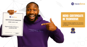A cheerful man in a purple hoodie holding a certificate, proudly showcasing the Hero in Techverve Certificate for beginners in essential tech skills.