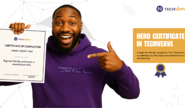 A cheerful man in a purple hoodie holding a certificate, proudly showcasing the Hero in Techverve Certificate for beginners in essential tech skills.