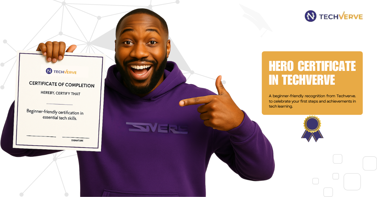 A cheerful man in a purple hoodie holding a certificate, proudly showcasing the Hero in Techverve Certificate for beginners in essential tech skills.