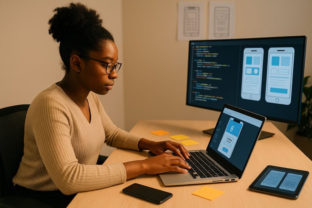 A focused Black female mobile app developer working at a modern desk with a laptop displaying a mobile app interface. Her workspace includes a smartphone, tablet, sticky notes, and a large monitor showing code and UI mockups, creating a creative and professional tech environment.