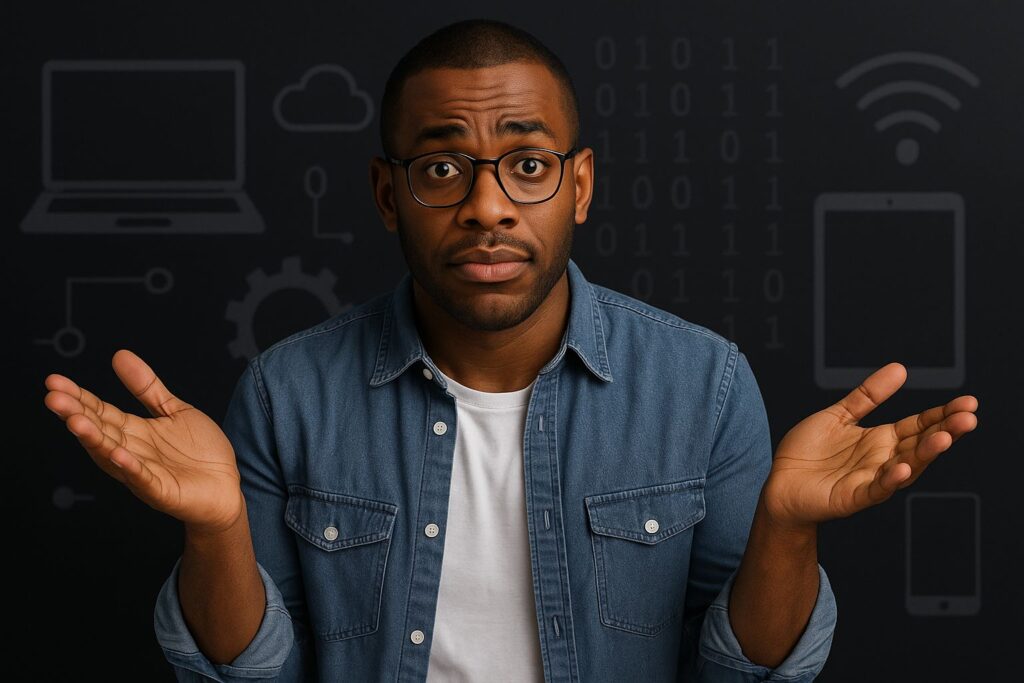 A Black man raising his hands like he’s asking a question, with a dark tech background, depicting the idea of "who can become a mentor in TechVerve.