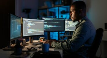 A dedicated Black male backend developer works intently at a modern desk setup with multiple monitors displaying lines of backend code. The dim, blue-lit room creates a focused and professional atmosphere, with tech tools, a coffee mug, and organized cables enhancing the productive workspace.