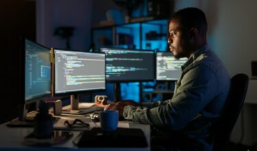 A dedicated Black male backend developer works intently at a modern desk setup with multiple monitors displaying lines of backend code. The dim, blue-lit room creates a focused and professional atmosphere, with tech tools, a coffee mug, and organized cables enhancing the productive workspace.