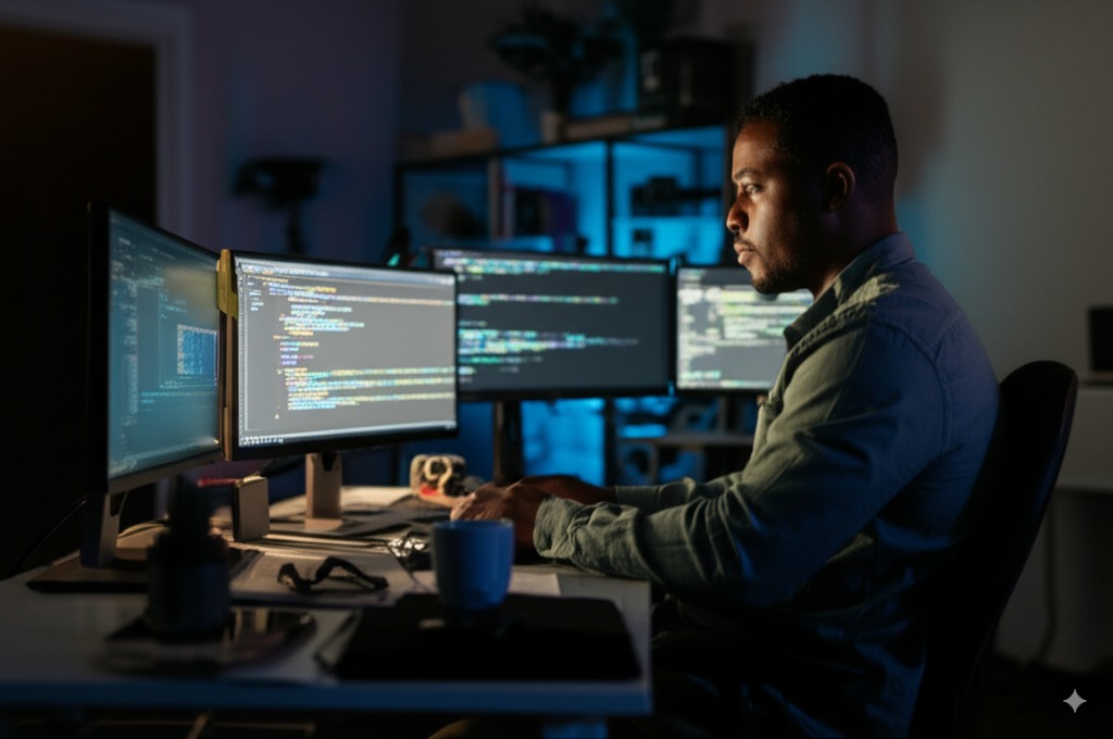 A dedicated Black male backend developer works intently at a modern desk setup with multiple monitors displaying lines of backend code. The dim, blue-lit room creates a focused and professional atmosphere, with tech tools, a coffee mug, and organized cables enhancing the productive workspace.