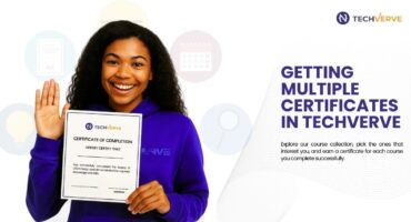 A smiling black woman wearing Techverve hoodie holds up a certificate of completion with one hand while waving with the other. The certificate acknowledges successful completion of a UI/UX Design course.