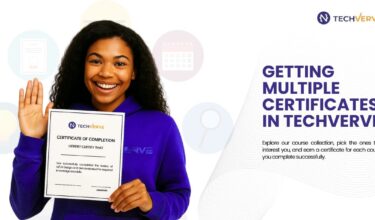 A smiling black woman wearing Techverve hoodie holds up a certificate of completion with one hand while waving with the other. The certificate acknowledges successful completion of a UI/UX Design course.