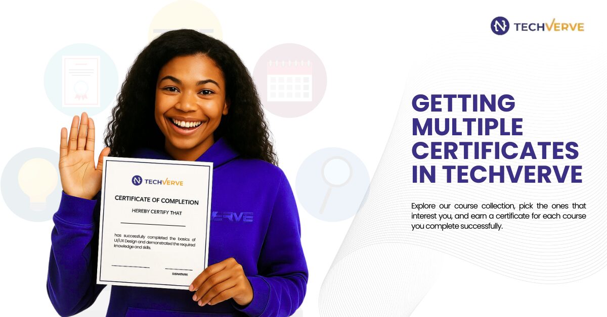 A smiling black woman wearing Techverve hoodie holds up a certificate of completion with one hand while waving with the other. The certificate acknowledges successful completion of a UI/UX Design course.