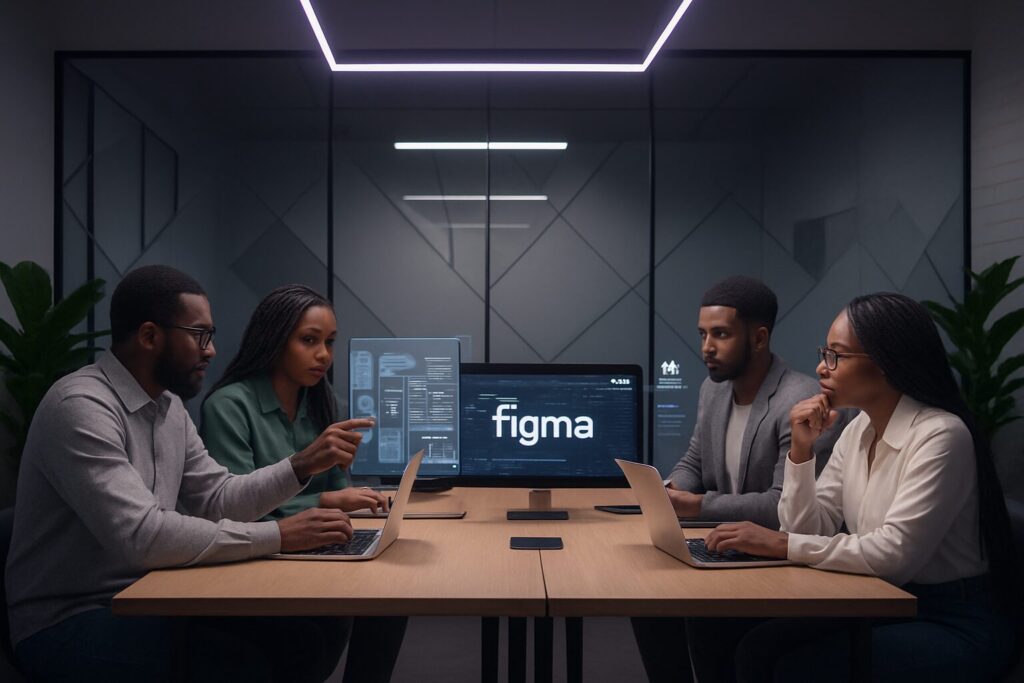 Four Nigerian professionals collaborating in a modern conference room, working on laptops with a large screen displaying "Figma" and digital UI/UX design elements. The atmosphere is focused and innovative, highlighting teamwork in a tech-driven workspace.