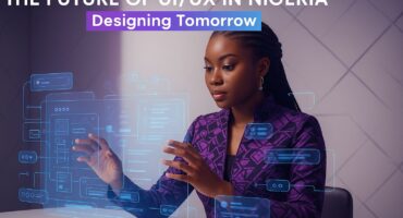 A young Black Nigerian woman in a purple patterned outfit interacting with futuristic UI/UX interface elements projected from a digital tablet. Wireframes, user flow diagrams, and design components float around her in a tech-inspired workspace.
