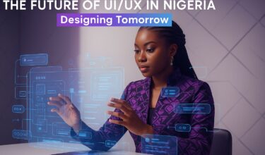 A young Black Nigerian woman in a purple patterned outfit interacting with futuristic UI/UX interface elements projected from a digital tablet. Wireframes, user flow diagrams, and design components float around her in a tech-inspired workspace.