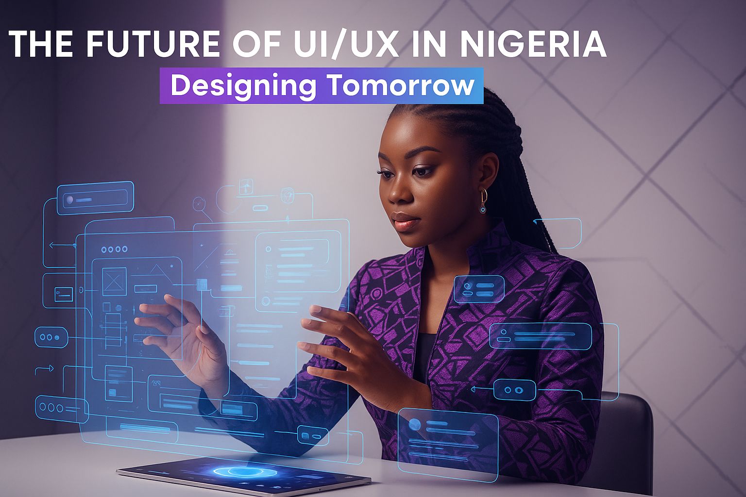 A young Black Nigerian woman in a purple patterned outfit interacting with futuristic UI/UX interface elements projected from a digital tablet. Wireframes, user flow diagrams, and design components float around her in a tech-inspired workspace.